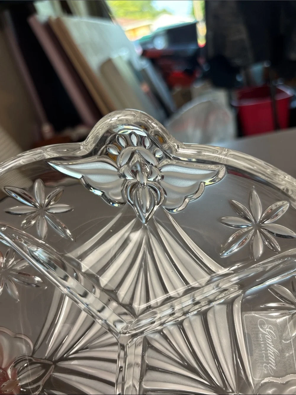 Gorham Angels of Peace Crystal 3-Part Divided Relish Dish Germany 8”